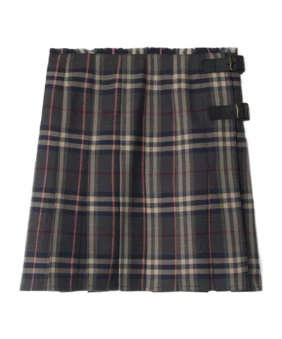 Burberry Leather-trimmed Pleated Checked Wool Mini Skirt In Brown