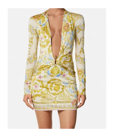 Versace Safety Pin Underwater Barocco Mini Dress In Multi