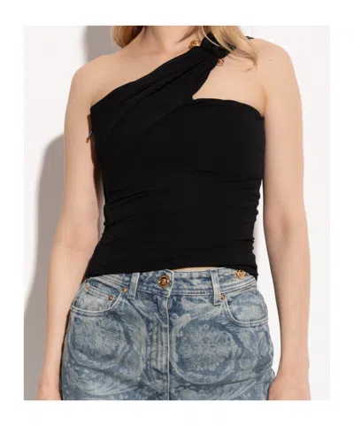 Versace Black Solid One Shoulder Top In Black