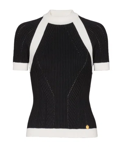 Balmain Ribbed Panelled Knit Top In Black
