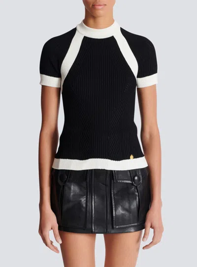 Balmain Ribbed Panelled Knit Top In Black