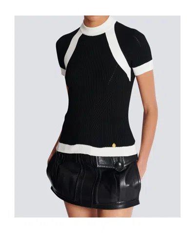 Balmain Ribbed Panelled Knit Top In Black