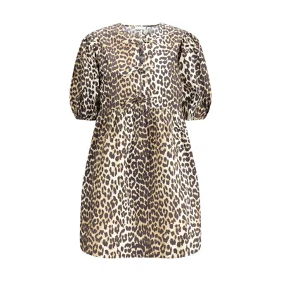 Ganni Brown Leopard Printed Cotton Tie String Minidress