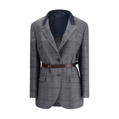 Brunello Cucinelli Waist Belted Checkered Pattern Blazer In Gray