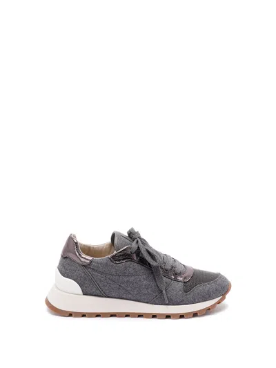 Brunello Cucinelli Runners In Techno Fabric And Calfskin With Precious Trim In Gray