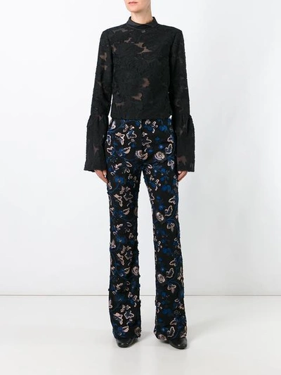 Shop Self-portrait Embroidered Flared Trousers In Black