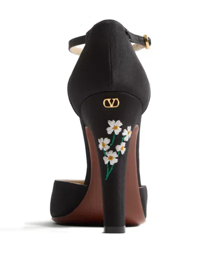 Valentino Floral Embroidered Round Toe Ankle Strap Pumps In Black