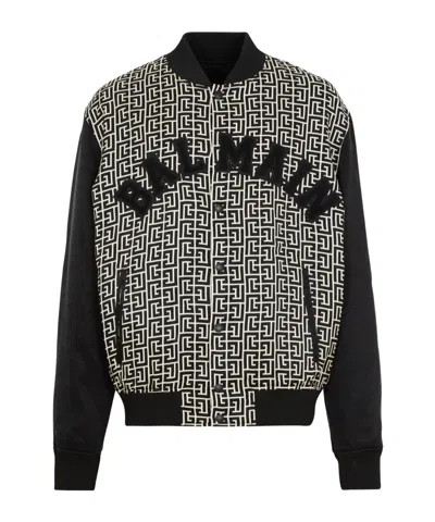 Balmain Pb Labyrinth Monogram Varsity Bomber Jacket In Black