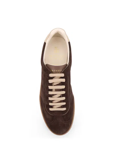 Brunello Cucinelli Suede Low-top Sneakers Contrast Detail In Brown