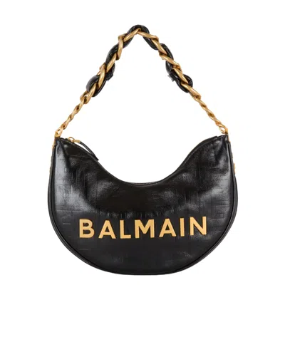 Balmain 1945 Soft Moon Bag In Crinkled Calfskin Leather Embossed With A Pb Labyrinth Monogram