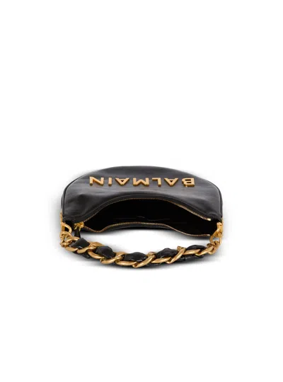 Balmain 1945 Soft Moon Bag In Crinkled Calfskin Leather Embossed With A Pb Labyrinth Monogram