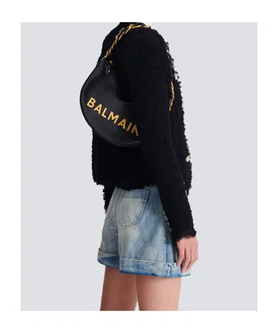 Balmain 1945 Soft Moon Bag In Crinkled Calfskin Leather Embossed With A Pb Labyrinth Monogram