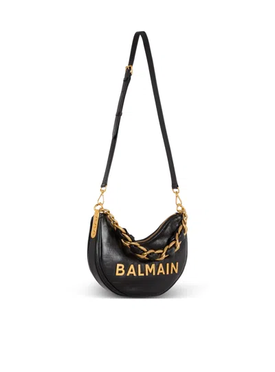 Balmain 1945 Soft Moon Bag In Crinkled Calfskin Leather Embossed With A Pb Labyrinth Monogram