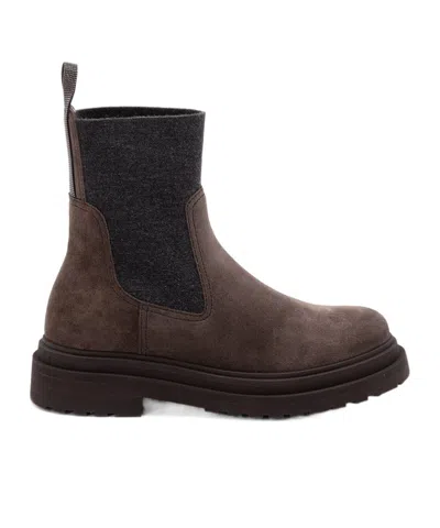 Brunello Cucinelli Chunky Sole Suede Ankle Boots With Monili Detail In Brown