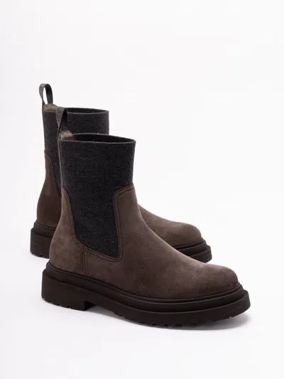 Brunello Cucinelli Chunky Sole Suede Ankle Boots With Monili Detail In Brown