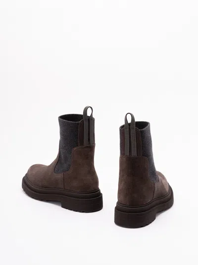 Brunello Cucinelli Chunky Sole Suede Ankle Boots With Monili Detail In Brown