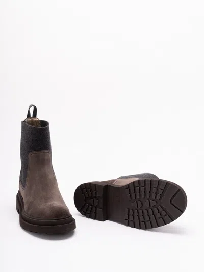 Brunello Cucinelli Chunky Sole Suede Ankle Boots With Monili Detail In Brown