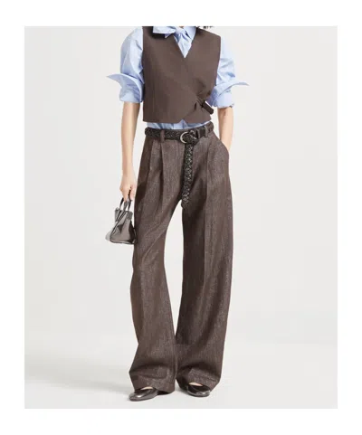 Brunello Cucinelli Denim Trousers Featuring Lurex Profile In Brown