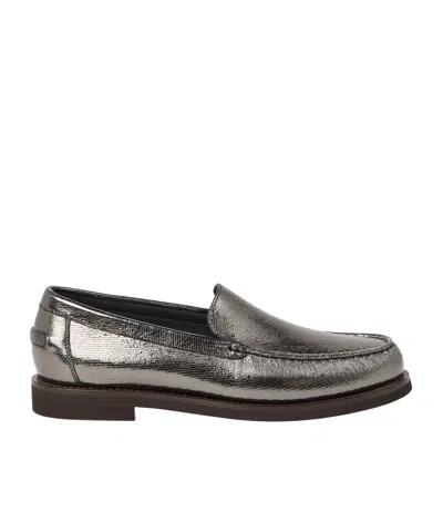 Brunello Cucinelli Metallic Finish Round Toe Loafers With Rubber Sole In Gray