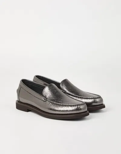 Brunello Cucinelli Metallic Finish Round Toe Loafers With Rubber Sole In Gray