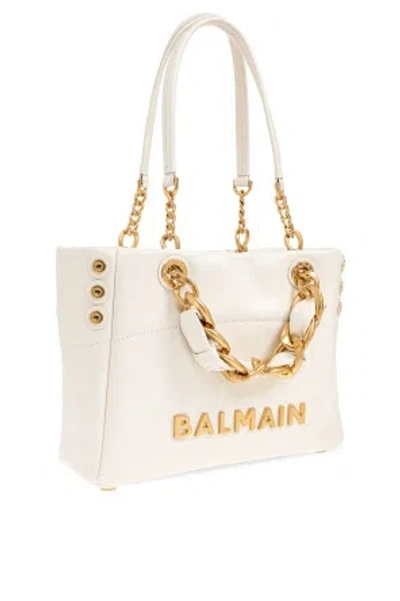 Balmain Small Crinkled Leather Tote Bag With Eyelet Embellishments In Neutral