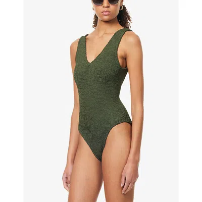 Hunza G Womens Metallic Khaki Sadie Scoop-neck Crinkle-textured Swimsuit In Green