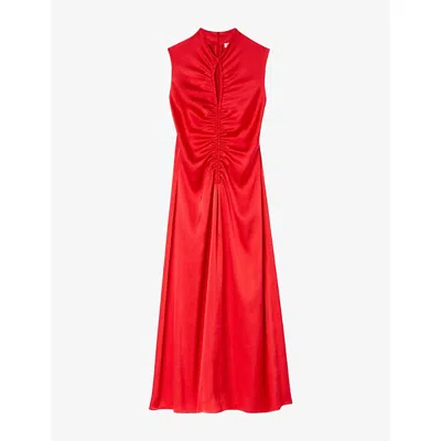 Sandro Womens Red Cut-out Draped Satin Midi Dress