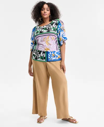 Inc International Concepts Plus Size Mixed-print Side-ruched Top, Exclusively At Macy's In Multi