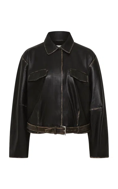 St Agni Belted Brushed-leather Jacket In Black