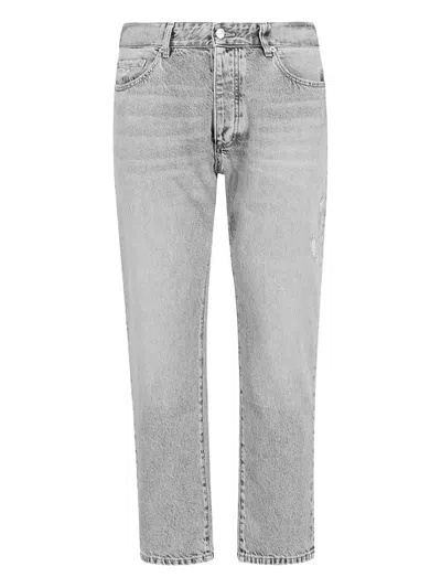 Icon Denim Grey Pants With Belt Loops And Rear Logo Patch In Denim Man In Blue