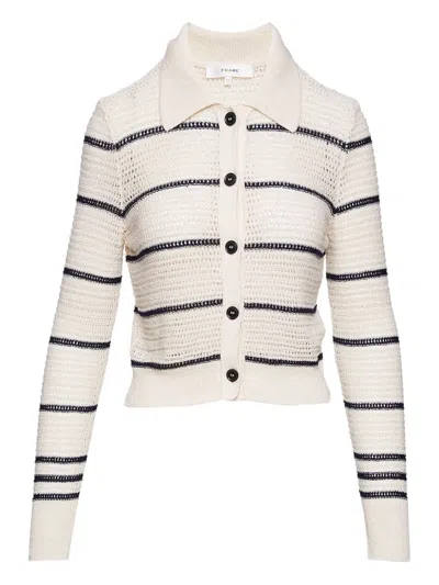 Frame Striped Crocheted Cotton-blend Cardigan In Neutral