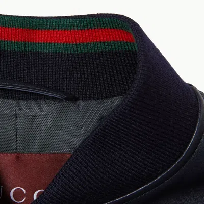 Gucci Men Midnight Blue Leather Bomber Jacket In Blue