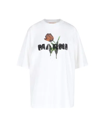 Marni White Crewneck T-shirt With Logo Lettering And Logo Print On The Front