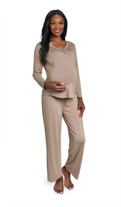 Everly Grey Maternity Laina Top & Pants /nursing Pajama Set In Neutral