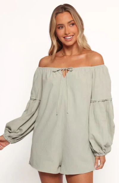 Petal And Pup Petal & Pup Anette Off The Shoulder Long Sleeve Cotton Romper In Green