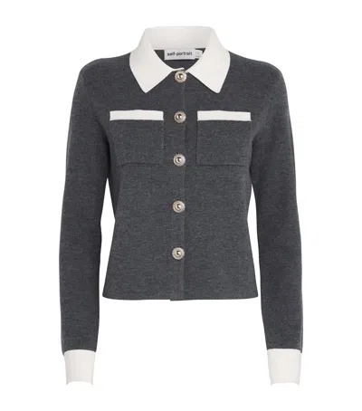 Self-portrait Fitted Grey Knit Sweater With Button-down Front In Gray