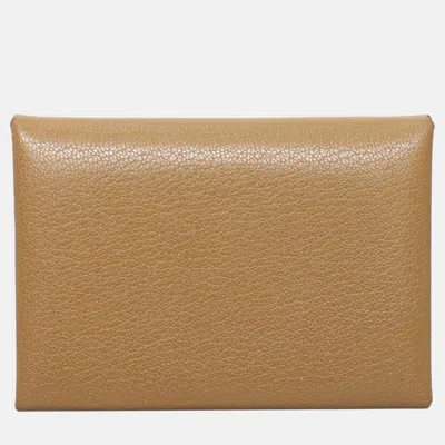 Pre-owned Hermes Brown Chevre De Coromandel Calvi Duo Compact Card Holder