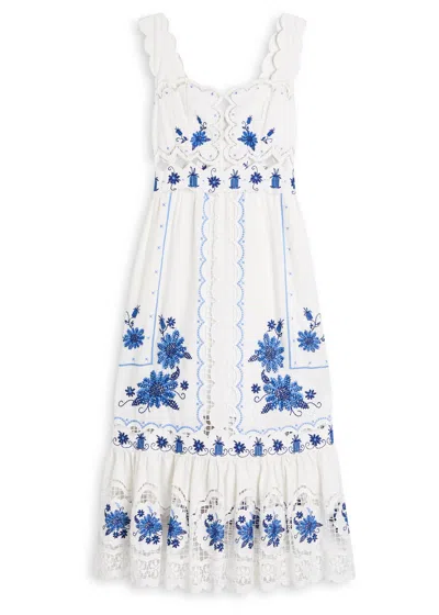 Farm Rio Cross Stitch Richeliue Sunflower Midi Dress Off-white In White