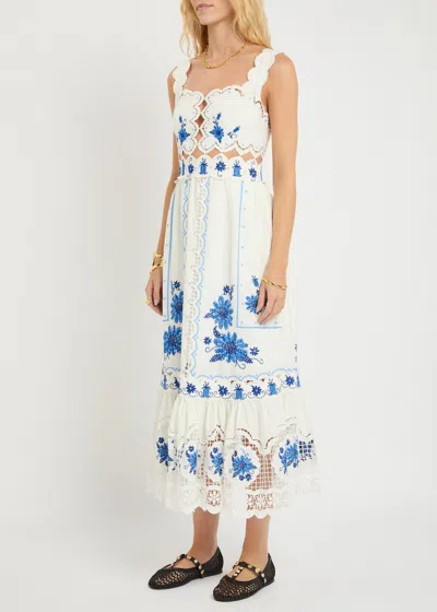 Farm Rio Cross Stitch Richeliue Sunflower Midi Dress Off-white In White