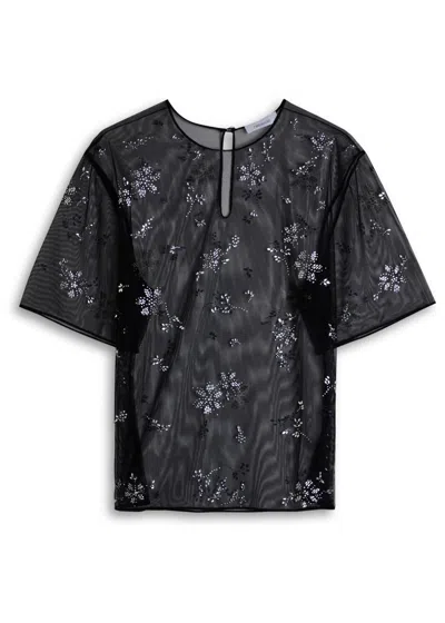 Rabanne Sheer Floral Embellished Short Sleeve Top In Multi