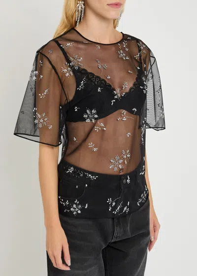 Rabanne Sheer Floral Embellished Short Sleeve Top In Multi