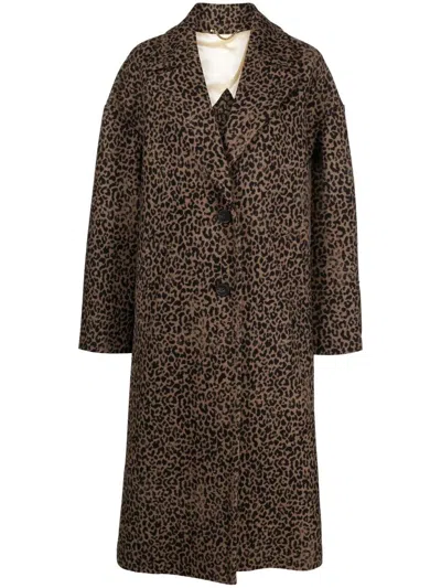 Golden Goose Single-breasted Cocoon Wool Coat With Jacquard Motif In Brown