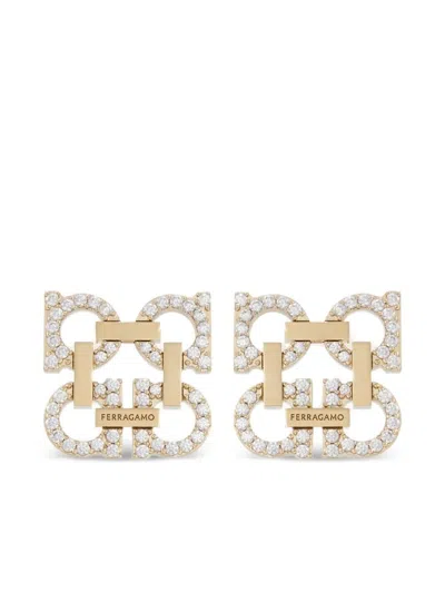 Ferragamo Crystal Embellished Four Gancini Clip On Earrings In Gold