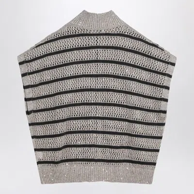 Brunello Cucinelli Beige Cardigan With High Neck And All-over Striped Motif In Gray