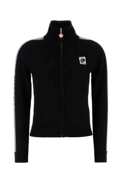 Casablanca Wool Cardigan With High Collar And Stripes In Black