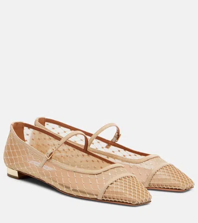 Aquazzura Juliette Suede-trimmed Embroidered Mesh Mary Jane Ballet Flats In Nude
