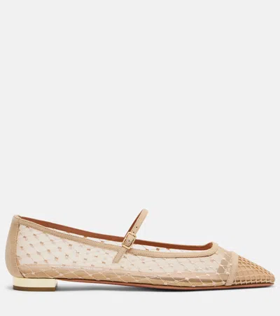 Aquazzura Juliette Suede-trimmed Embroidered Mesh Mary Jane Ballet Flats In Nude