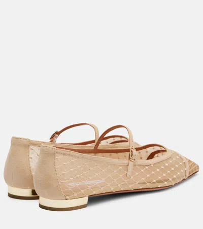 Aquazzura Juliette Suede-trimmed Embroidered Mesh Mary Jane Ballet Flats In Nude