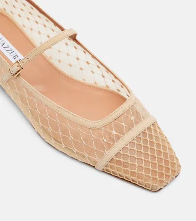 Aquazzura Juliette Suede-trimmed Embroidered Mesh Mary Jane Ballet Flats In Nude