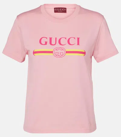 Gucci Women Pink Crewneck T-shirt With Logo Print On The Front In Cotton Woman